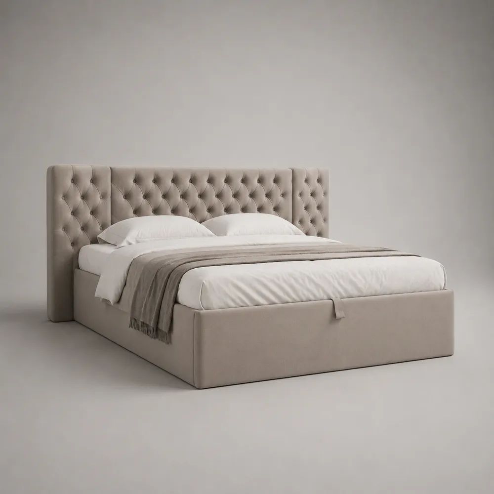 Lit coffre double en tissu beige avec tête de lit capitonnée, couchage 160 x 200 cm, dimensions 188 x 216 x 120 cm