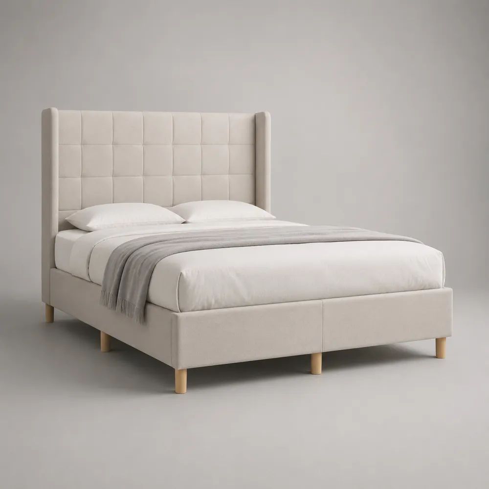 Lit double rembourré beige en tissu avec tête de lit capitonnée et sommier à lattes, couchage 160 x 200 cm, dimensions 171 x 215 x 125 cm