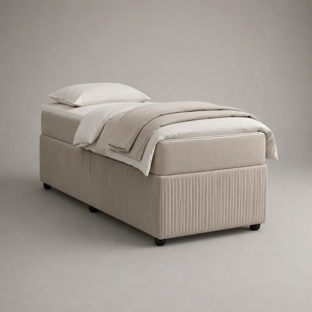 Ensemble lit simple tapissier avec matelas 90 x 190 cm en polyester côtelé beige, dimensions totales 95 x 195 x 62 cm
