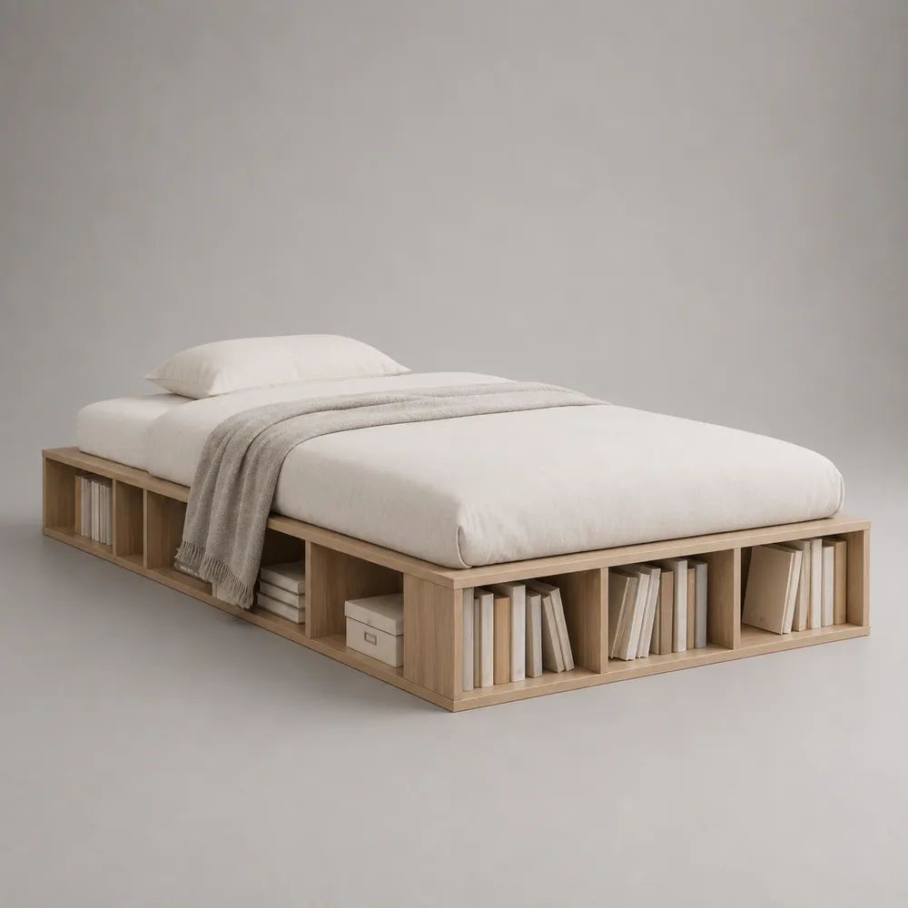 Cadre de lit plateforme 160 x 200 cm en panneaux de particules avec rangements ouverts, chêne naturel, 226 x 186 x 40 cm