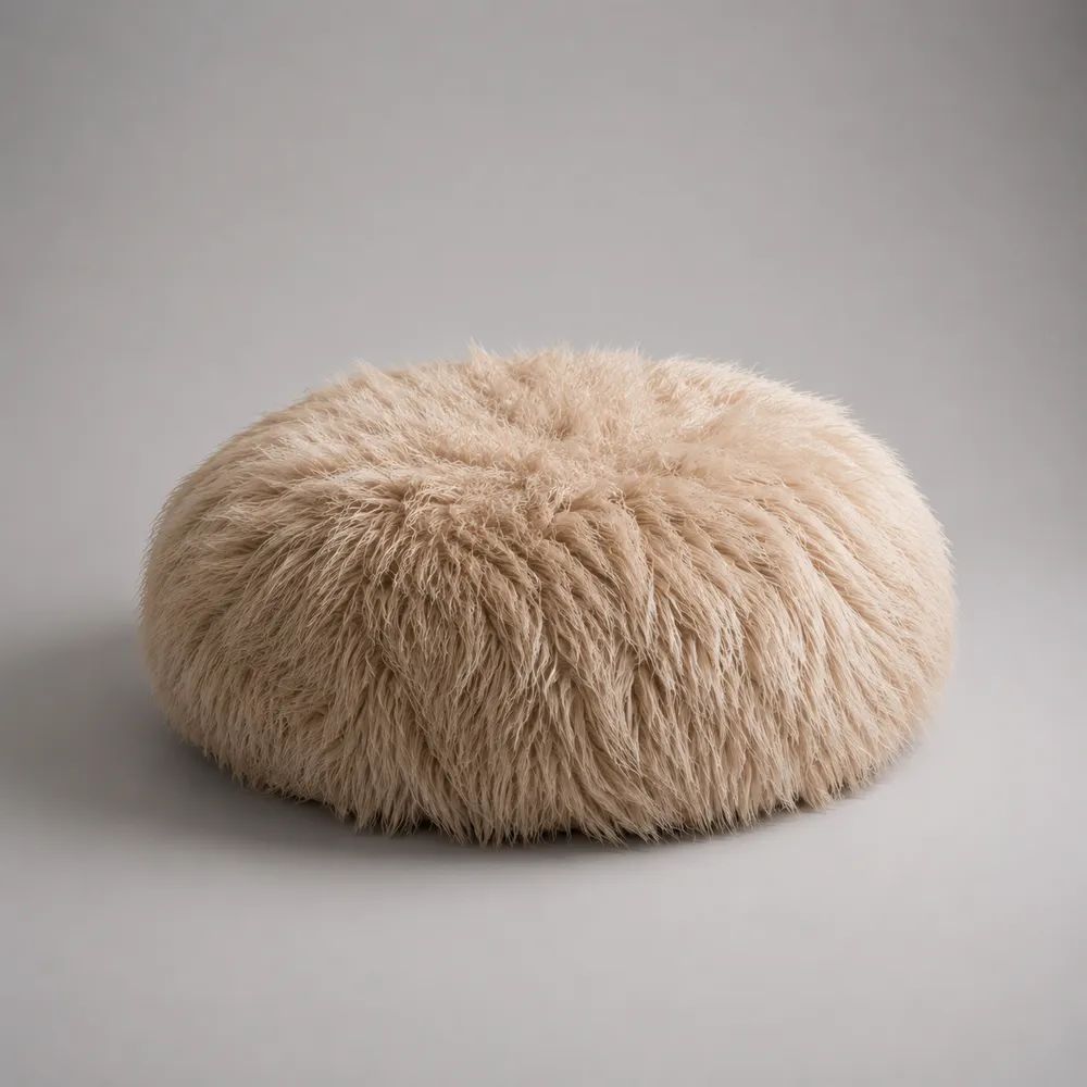 Pouf repose-pieds rond en fausse fourrure beige 80 × 35 cm