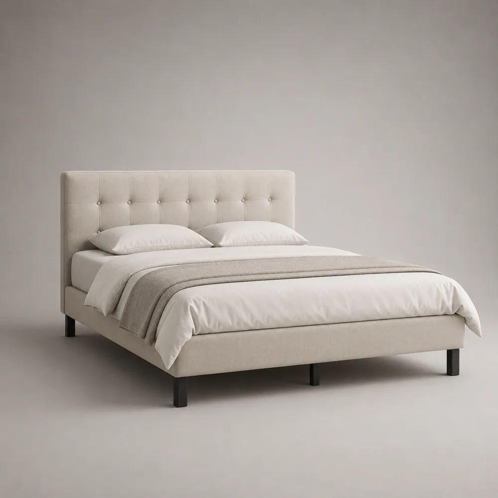 Lit double rembourré en tissu beige 171 × 215 × 110 cm, couchage 160 × 200 cm, tête de lit capitonnée et pieds noirs