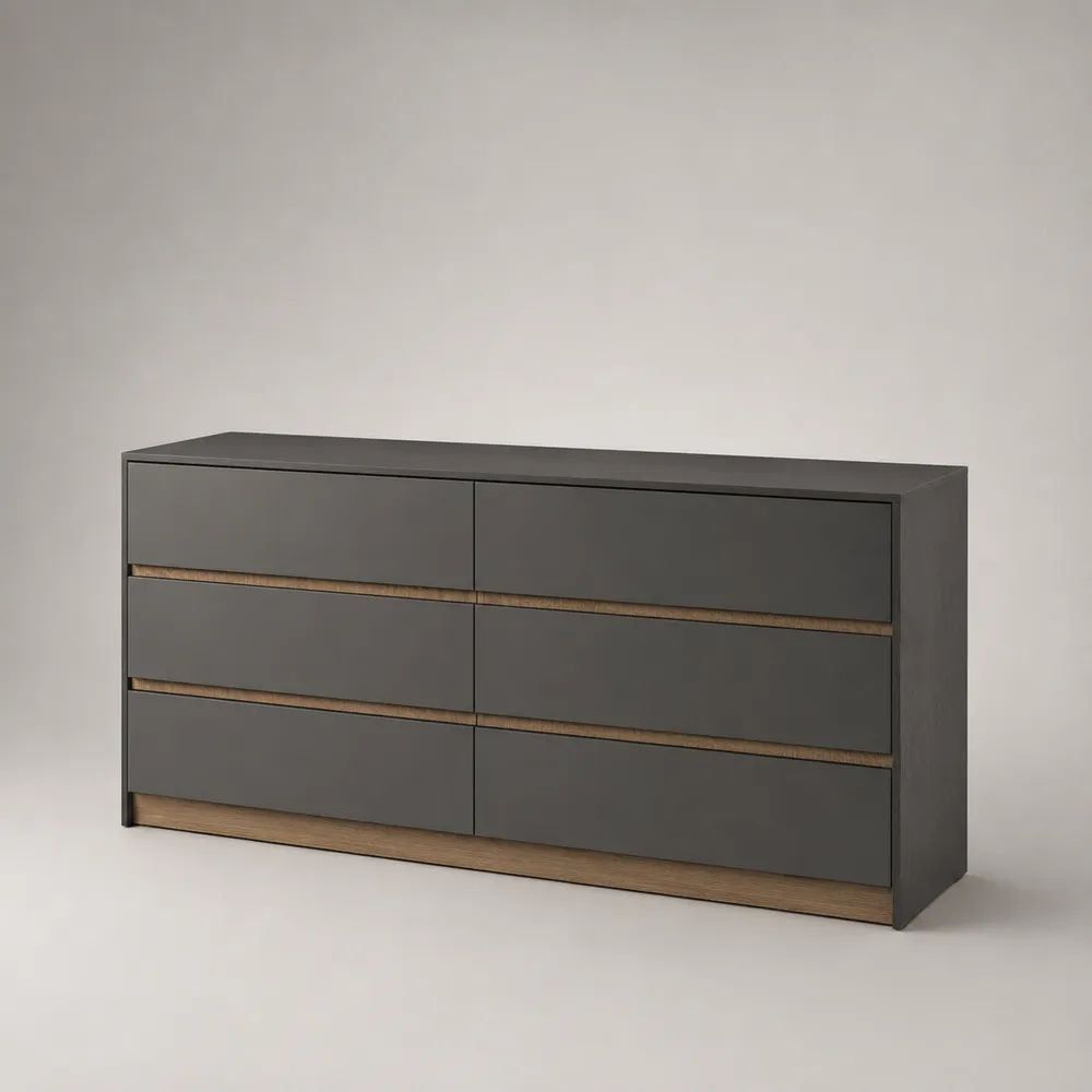 Commode basse rectangulaire à 6 tiroirs en bois gris anthracite et décor chêne naturel, 140 × 40 × 78 cm