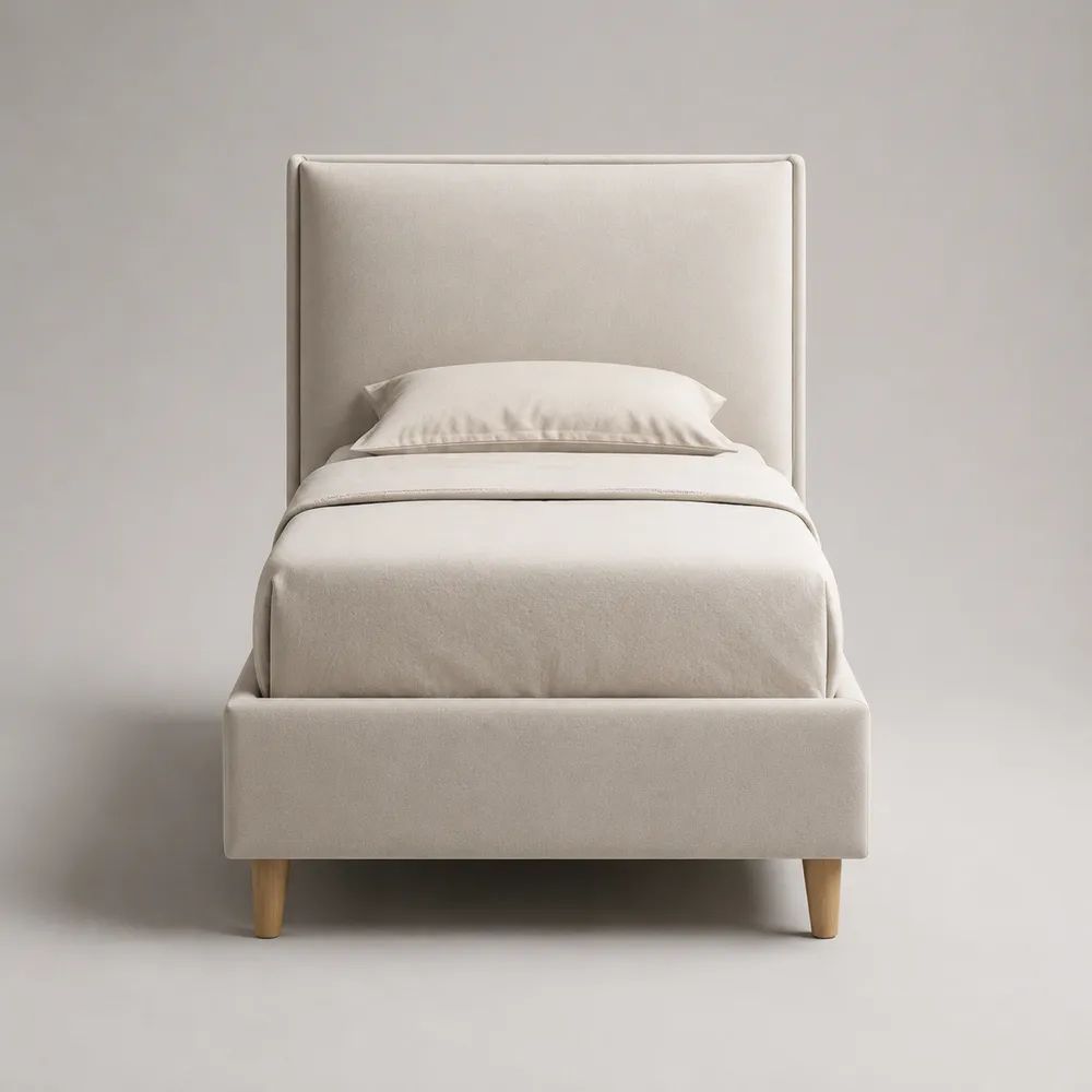 Lit coffre 1 place en tissu écru avec tête de lit rembourrée, couchage 90 × 190 cm