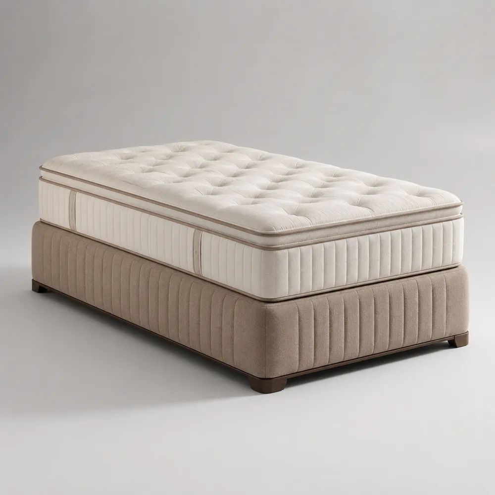 Lit coffre 2 places beige et ivoire avec matelas à ressorts ensachés, couchage 160 × 200 cm, dimensions 170 × 210 × 65 cm