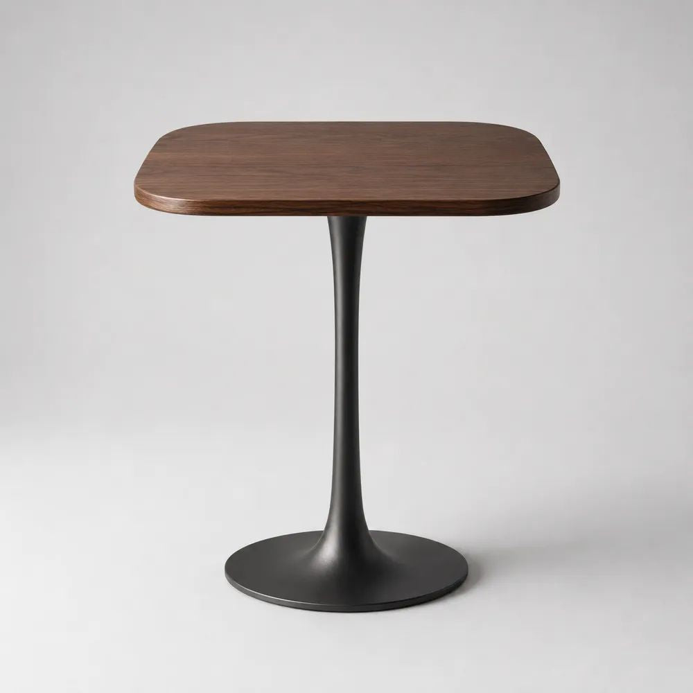 Table de bar haute carrée en bois et métal, noyer et noir, 70 × 70 × 105 cm