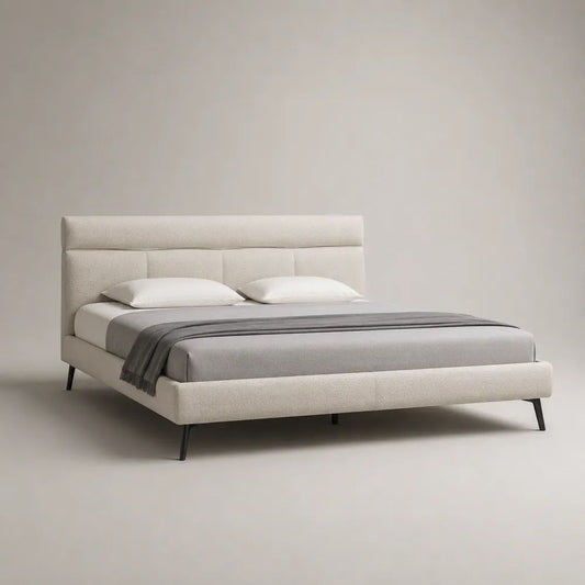 Lit double rembourré en tissu blanc cassé 160 x 200 cm avec tête de lit, dimensions 220 x 180 x 110 cm