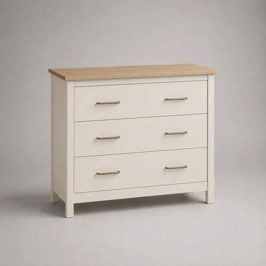 Commode basse rectangulaire à 3 tiroirs en bois et métal, blanc cassé et chêne clair, 90 × 40 × 85 cm