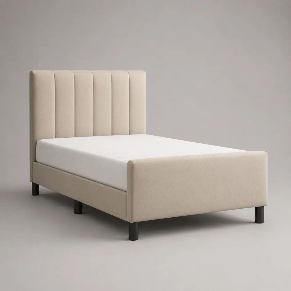 Lit double rembourré en polyester beige 140 × 200 cm avec tête de lit à panneaux verticaux, 151 × 215 × 115 cm