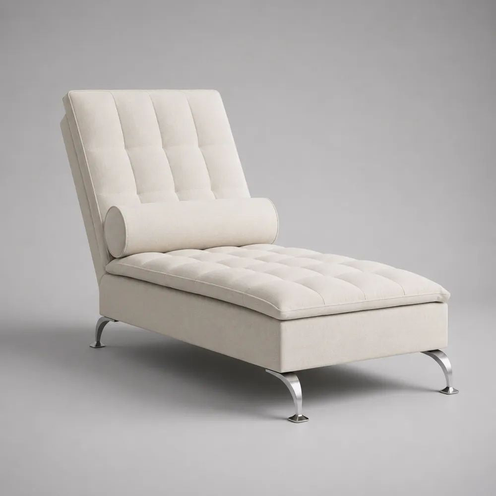 Chaise longue 1 place en tissu rembourré et métal avec coussin lombaire, blanc cassé, 160 × 75 × 90 cm