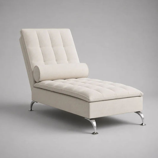 Chaise longue 1 place en tissu rembourré et métal avec coussin lombaire, blanc cassé, 160 × 75 × 90 cm