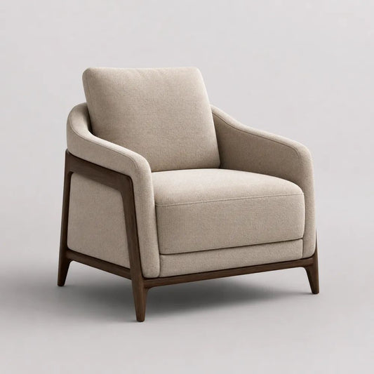Fauteuil de salon 1 place en tissu beige avec cadre en bois massif brun noyer, 78 × 82 × 85 cm