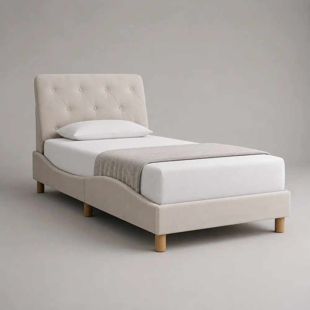 Lit simple 90 x 190 cm en bois et tissu beige avec tête de lit capitonnée et sommier à lattes, 205 x 100 x 105 cm