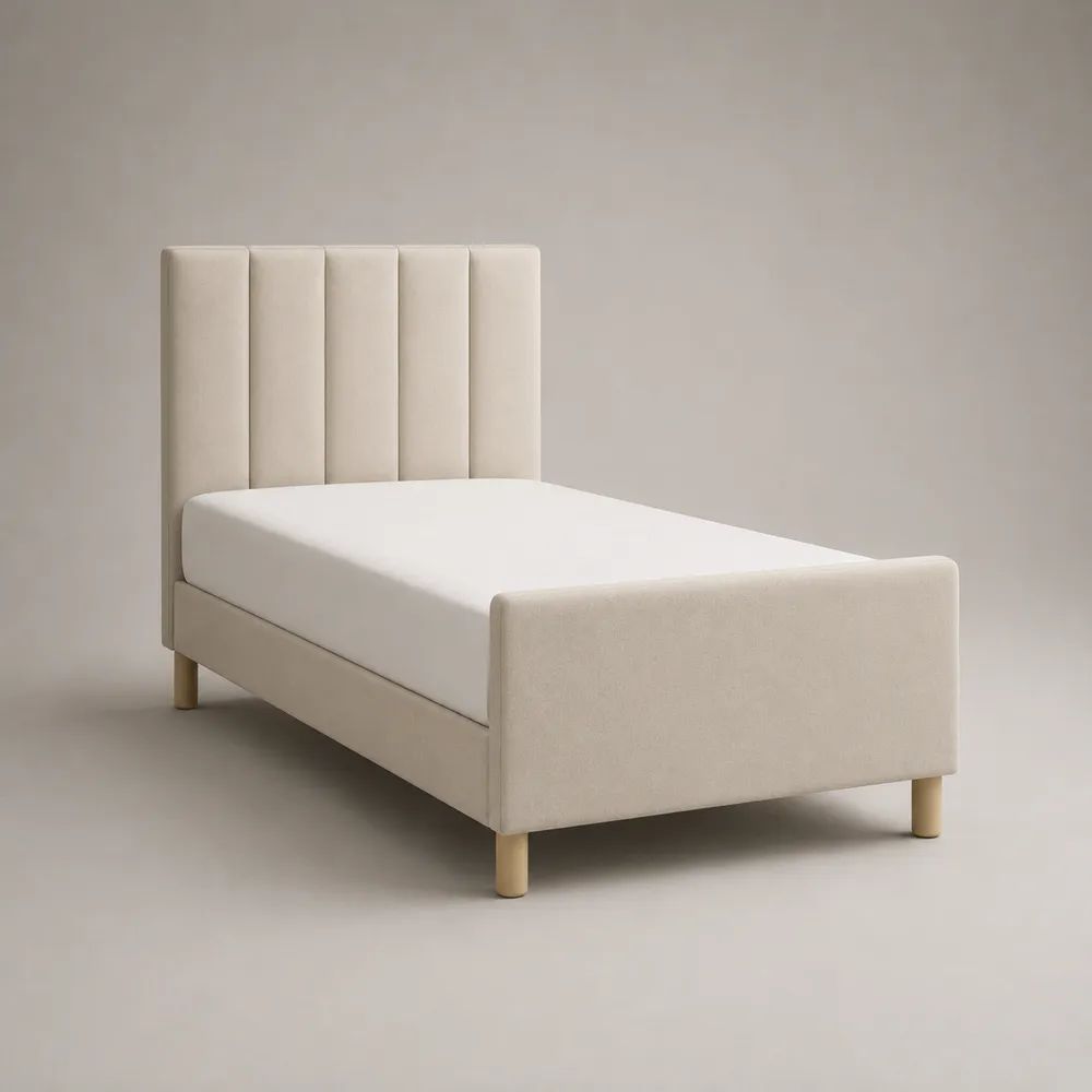 Lit simple rembourré rectangulaire en polyester beige et bois naturel, 202 x 99 x 120 cm, couchage 90 x 190 cm