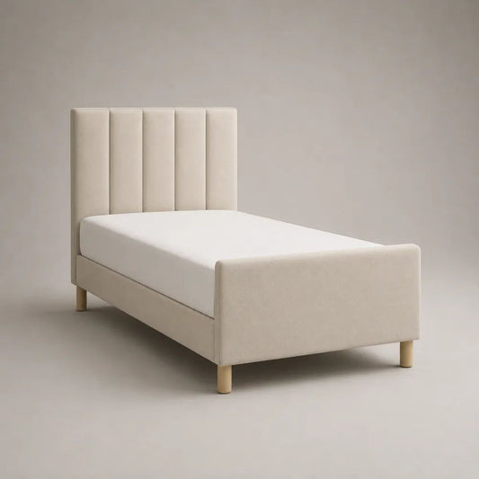Lit simple rembourré rectangulaire en polyester beige et bois naturel, 202 x 99 x 120 cm, couchage 90 x 190 cm