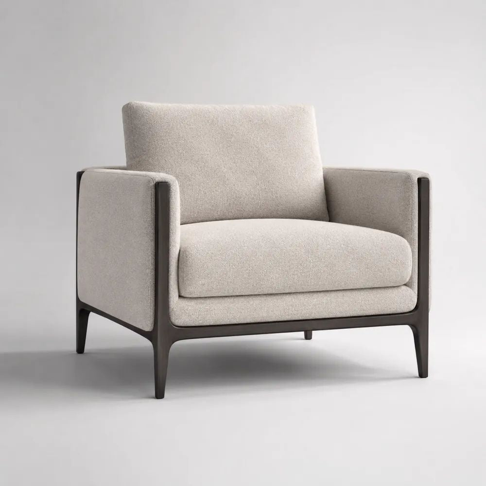 Fauteuil 1 place rectangulaire en bouclé polyester écru avec cadre en frêne massif brun foncé, 86 × 85 × 82 cm
