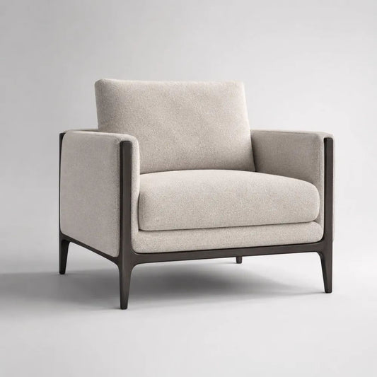 Fauteuil 1 place rectangulaire en bouclé polyester écru avec cadre en frêne massif brun foncé, 86 × 85 × 82 cm