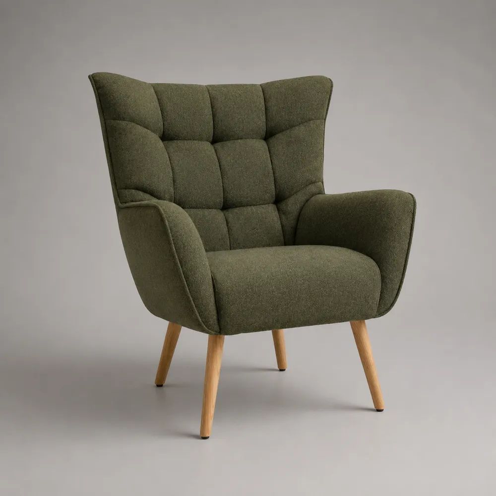 Fauteuil rembourré en tissu vert olive à dossier haut et pieds en bois, 76 × 82 × 98 cm