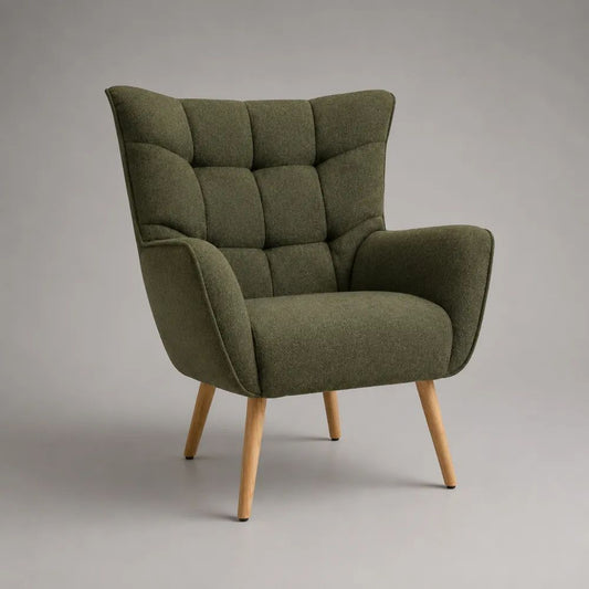 Fauteuil rembourré en tissu vert olive à dossier haut et pieds en bois, 76 × 82 × 98 cm