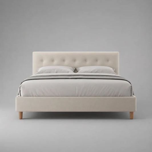 Lit coffre double 160 × 200 cm en polyester beige et bois naturel, dimensions 215 × 169 × 105 cm, tête de lit capitonnée et sommier relevable à lattes