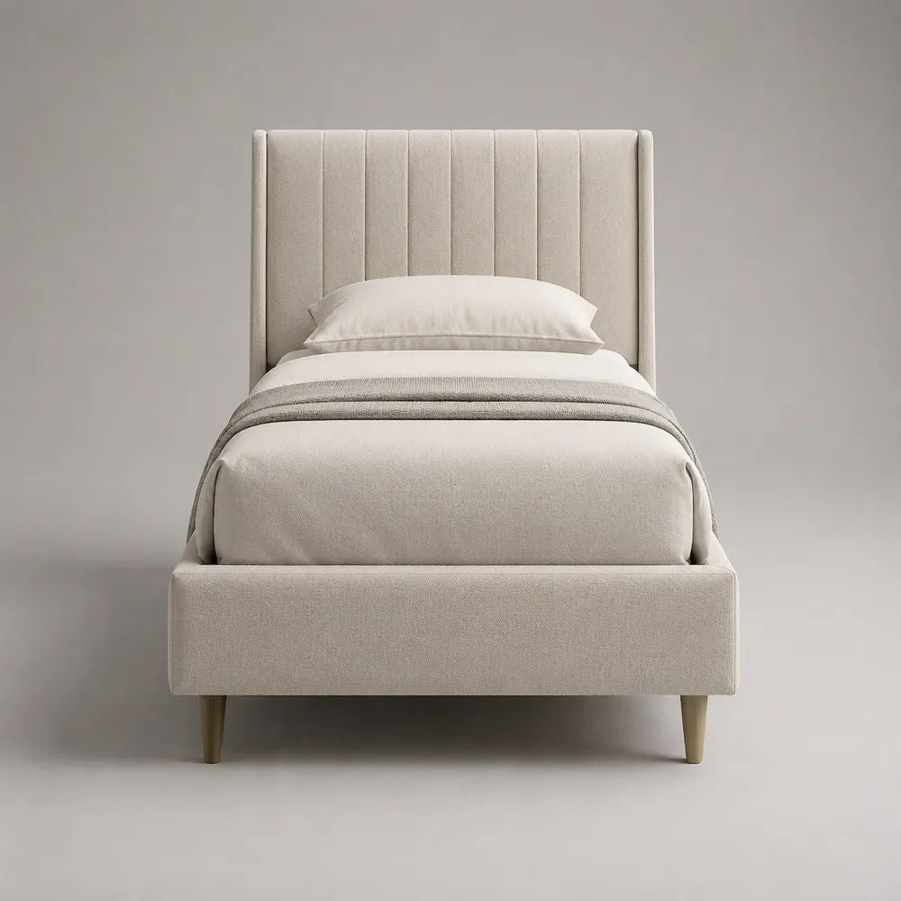 Lit simple rembourré beige 90 x 190 cm avec sommier à lattes et tête de lit verticale en tissu, dimensions 205 x 105 x 120 cm