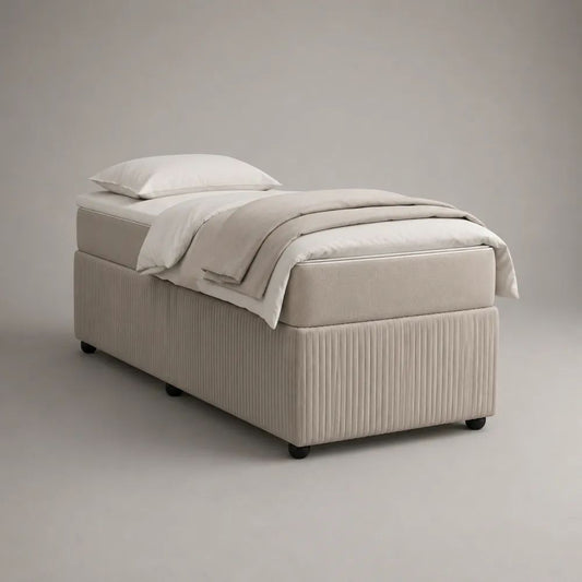 Ensemble lit simple tapissier avec matelas 90 x 190 cm en polyester côtelé beige, dimensions totales 95 x 195 x 62 cm