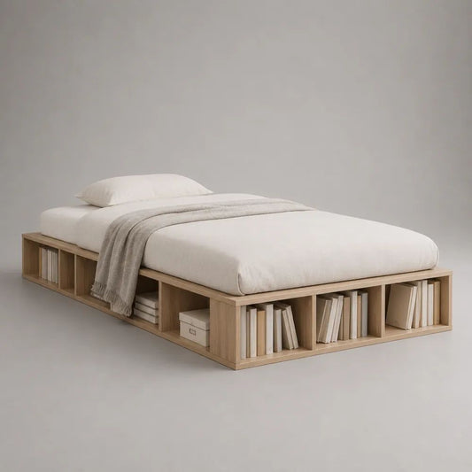 Cadre de lit plateforme 160 x 200 cm en panneaux de particules avec rangements ouverts, chêne naturel, 226 x 186 x 40 cm