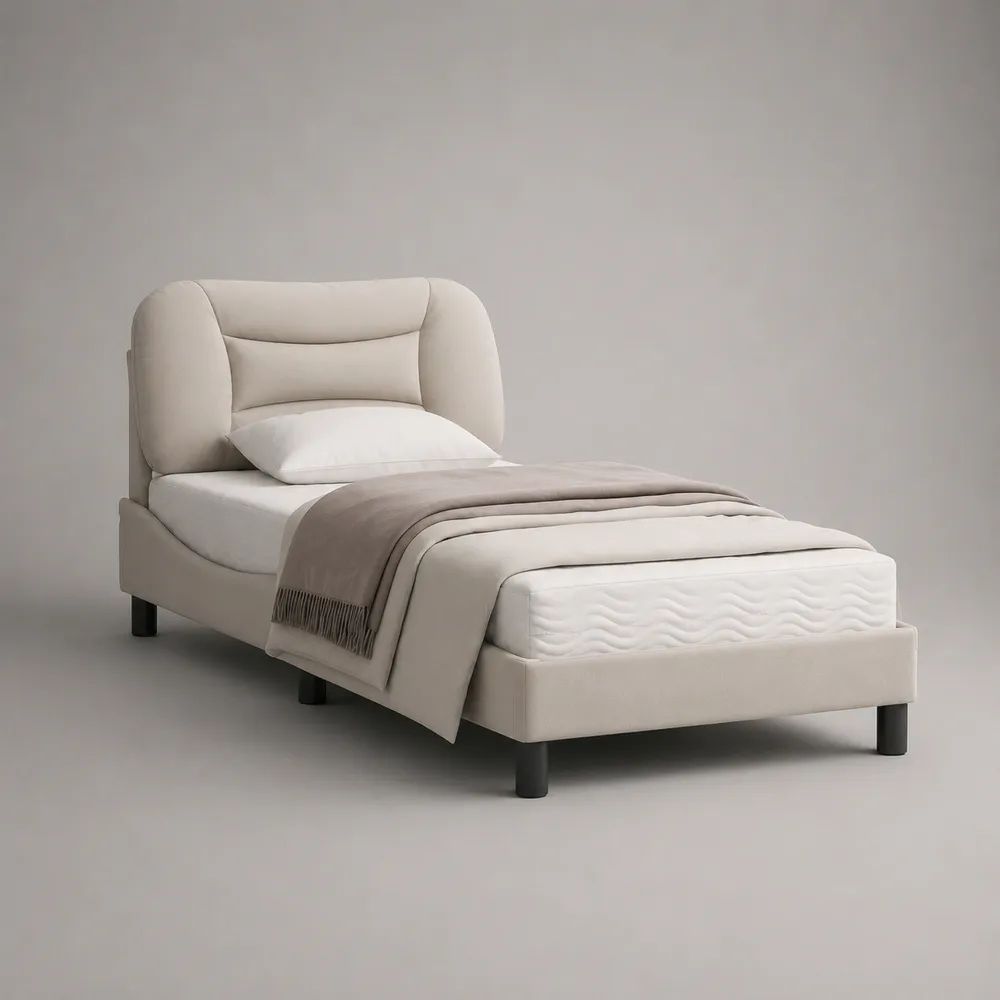 Lit simple rembourré beige 90 × 190 cm en polyester et pin massif avec tête de lit enveloppante