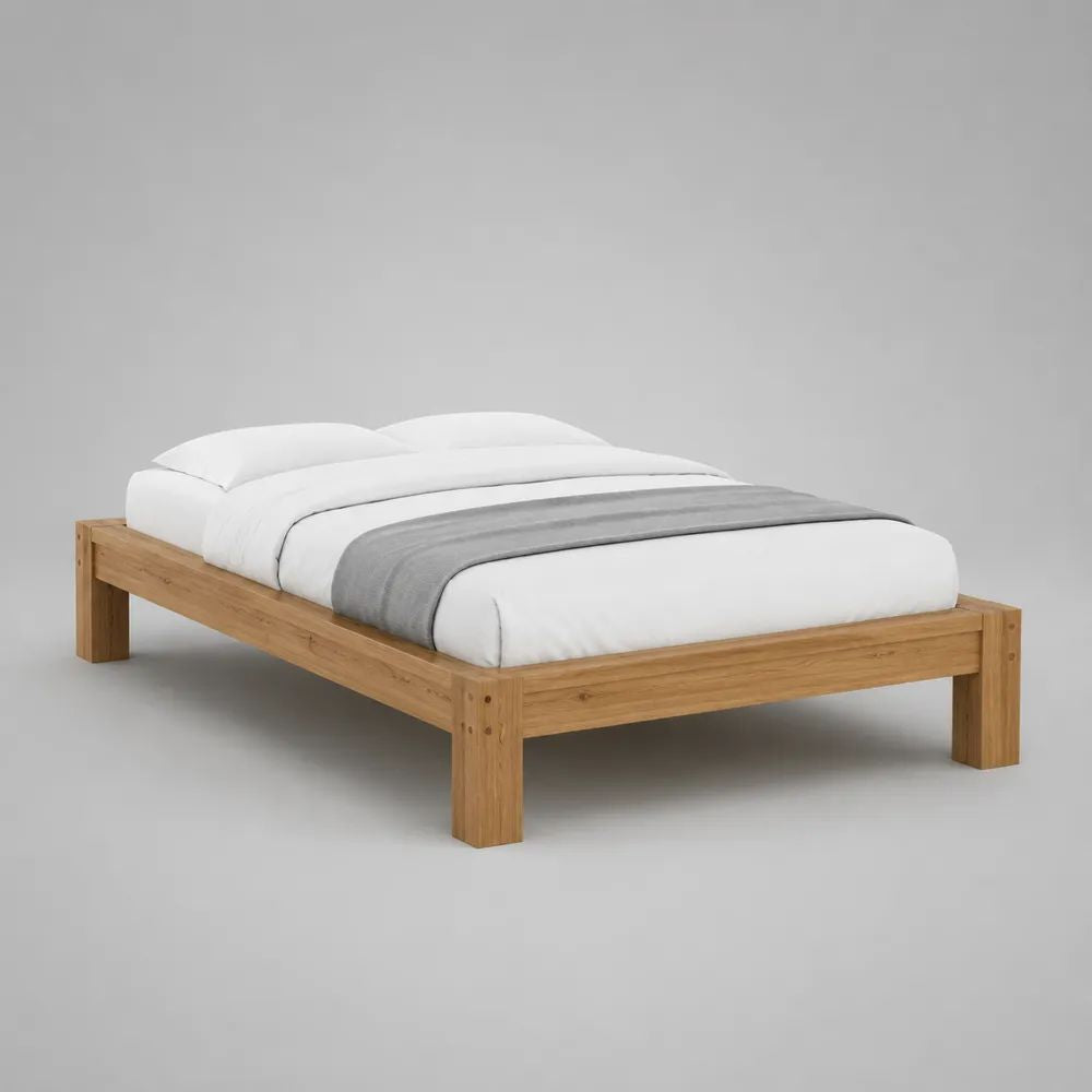 Cadre de lit double 160 x 200 cm en pin massif naturel avec sommier à lattes, sans tête de lit