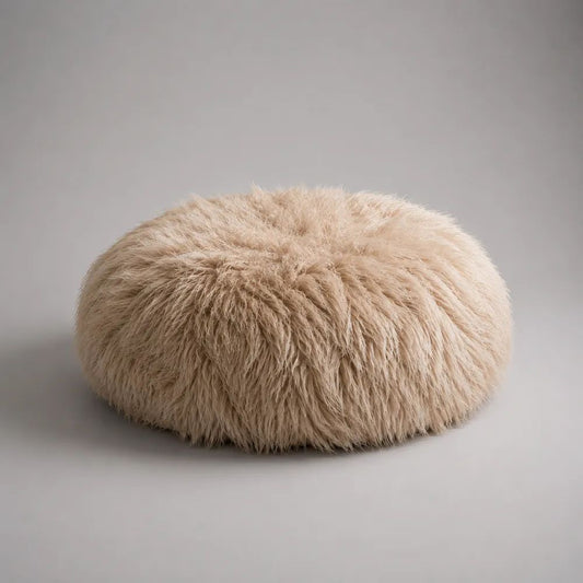 Pouf repose-pieds rond en fausse fourrure beige 80 × 35 cm