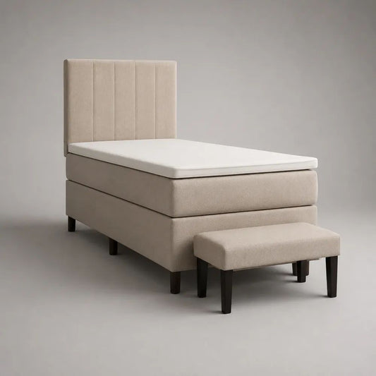 Lit boxspring 1 place 90 × 200 cm beige avec matelas, surmatelas, tête de lit et banc rembourré, pieds brun foncé