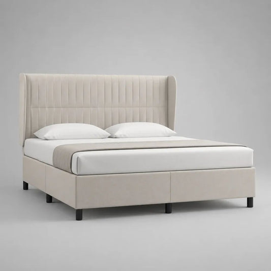 Lit double rembourré en polyester beige avec tête de lit à ailettes, couchage 180 × 200 cm, dimensions 195 × 215 × 120 cm