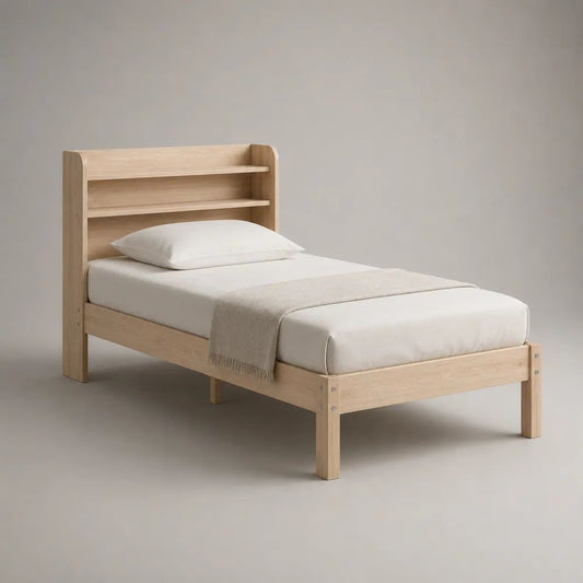 Lit simple 90 x 190 cm en bois naturel avec sommier à lattes et tête de lit à 2 étagères