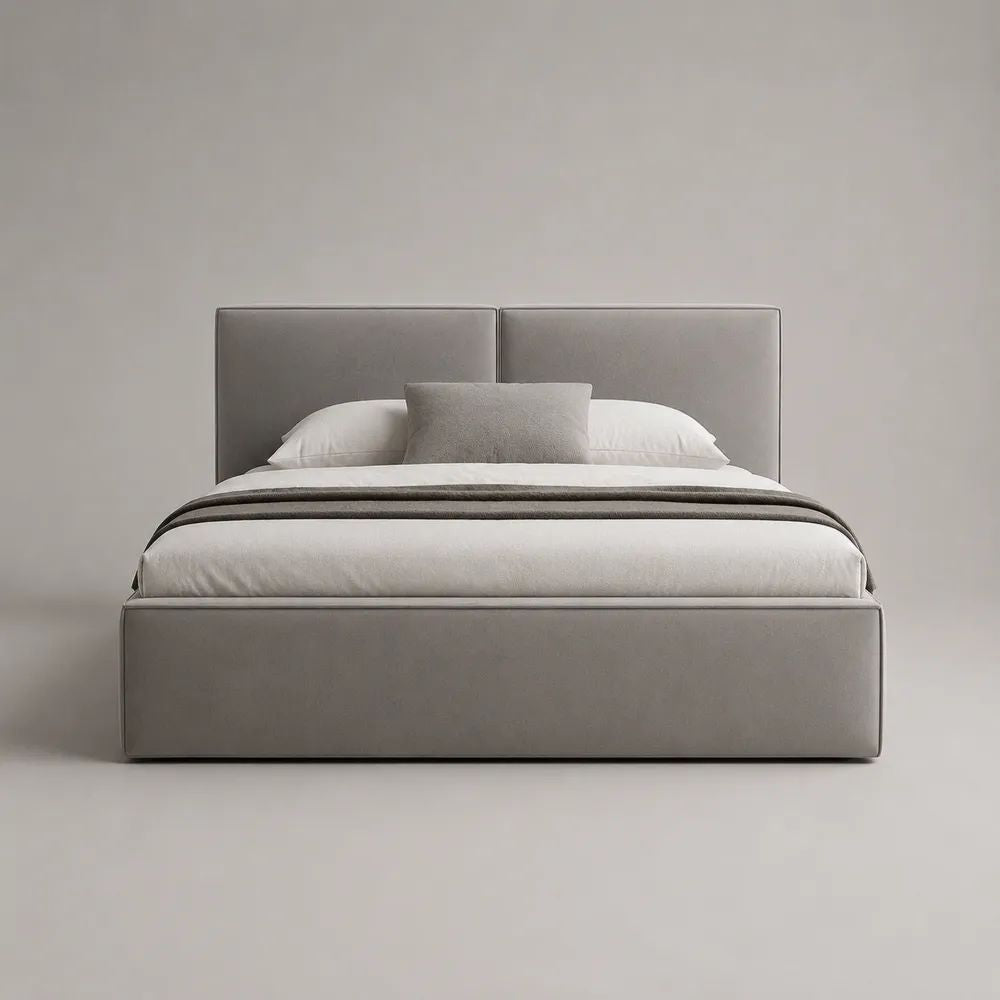 Lit double rembourré gris en tissu, couchage 160 × 200 cm, tête de lit rectangulaire