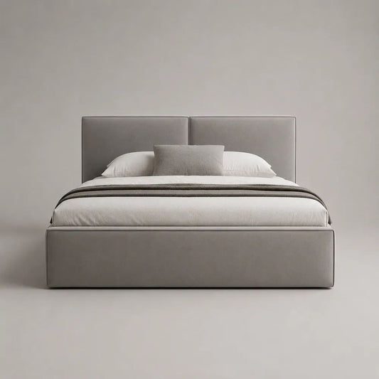 Lit double rembourré gris en tissu, couchage 160 × 200 cm, tête de lit rectangulaire
