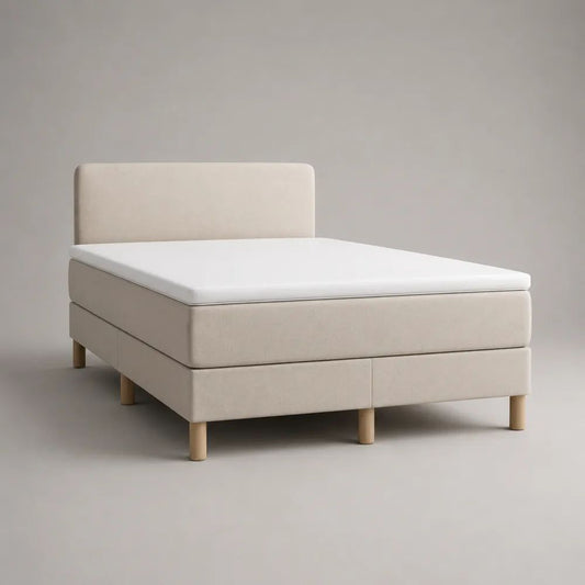 Lit continental double en tissu beige 160 x 200 cm avec tête de lit, matelas à ressorts ensachés et surmatelas