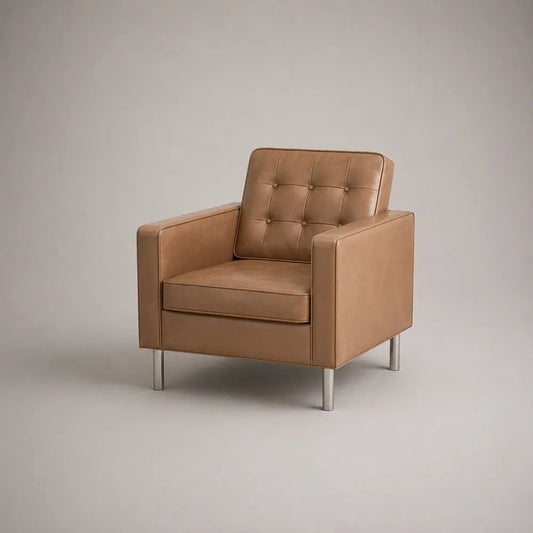 Fauteuil de salon 1 place en cuir synthétique cognac avec accoudoirs droits et pieds en acier, 78 × 80 × 82 cm