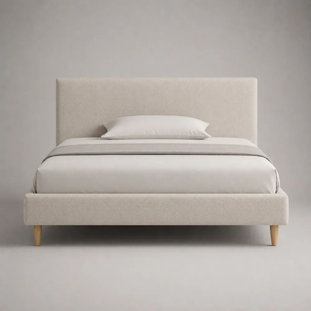 Lit coffre 160 × 200 cm en tissu beige, tête de lit rembourrée et sommier à lattes