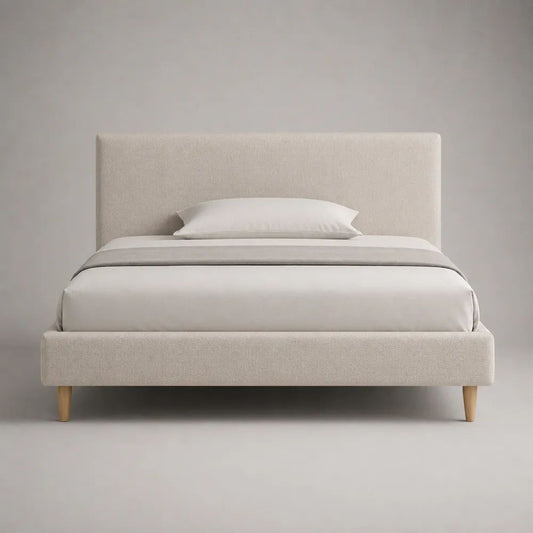Lit coffre 160 × 200 cm en tissu beige, tête de lit rembourrée et sommier à lattes