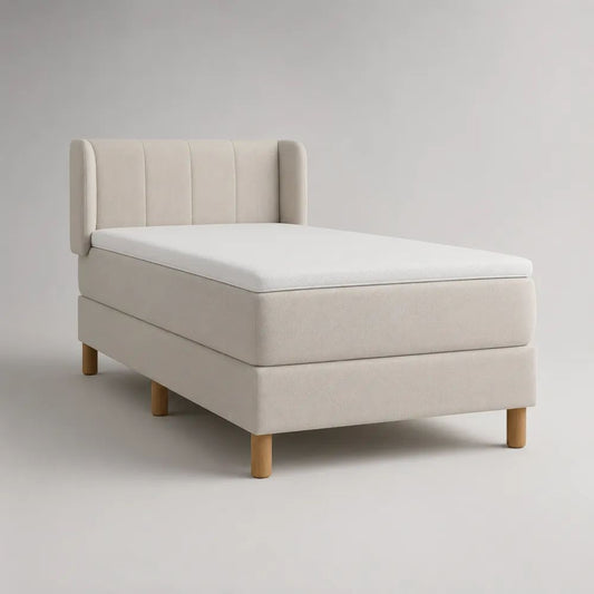 Lit simple continental 90 x 200 cm avec tête de lit, sommier, matelas et surmatelas, revêtement en tissu beige