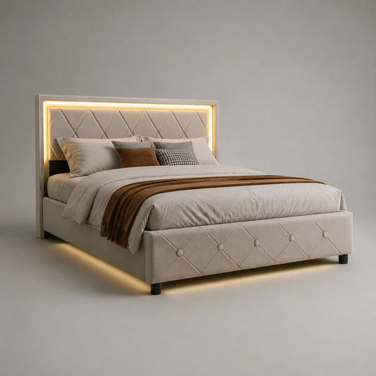 Lit coffre 160 × 200 cm en tissu beige capitonné avec tête de lit LED, sommier relevable, 215 × 170 × 140 cm