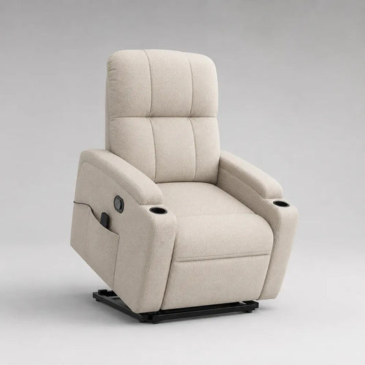 Fauteuil releveur électrique inclinable en tissu beige avec repose-pieds et 2 porte-gobelets, 90 x 94 x 108 cm