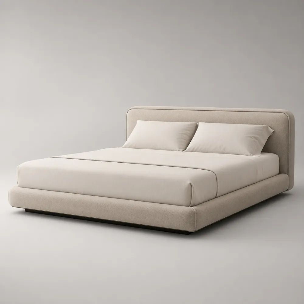 Lit coffre rembourré beige 160 × 200 cm avec sommier relevable et angles arrondis