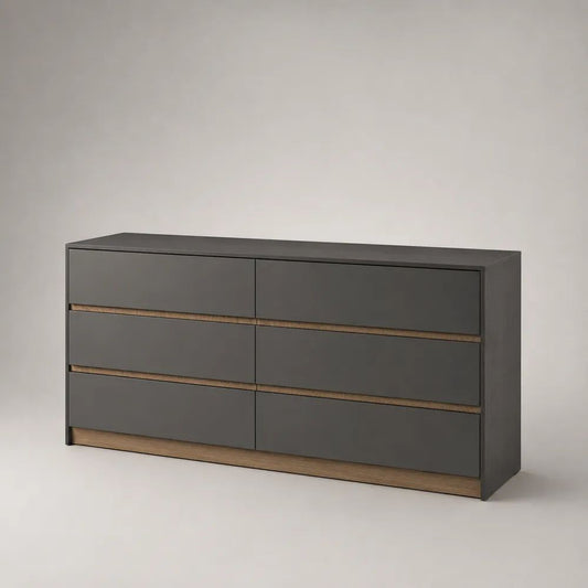 Commode basse rectangulaire à 6 tiroirs en bois gris anthracite et décor chêne naturel, 140 × 40 × 78 cm