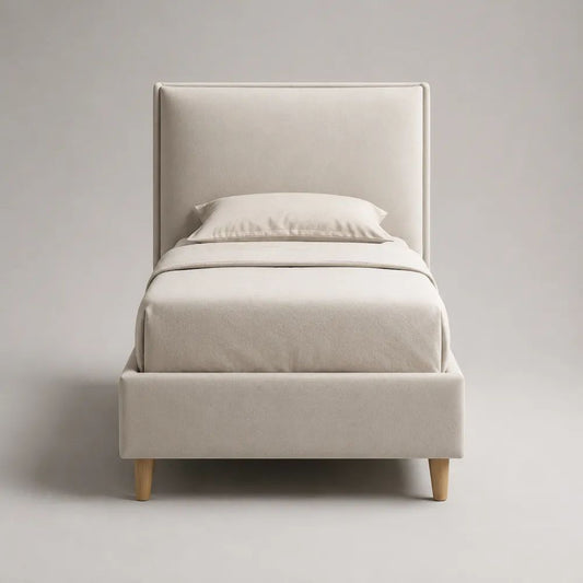 Lit coffre 1 place en tissu écru avec tête de lit rembourrée, couchage 90 × 190 cm