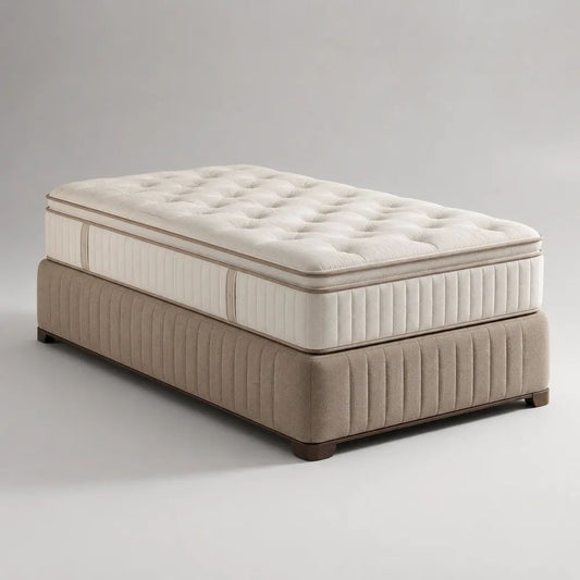 Lit coffre 2 places beige et ivoire avec matelas à ressorts ensachés, couchage 160 × 200 cm, dimensions 170 × 210 × 65 cm
