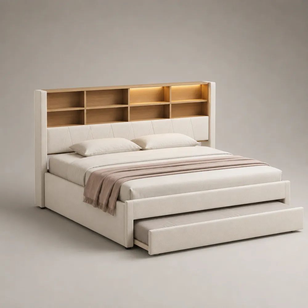 Lit double rembourré 160 x 200 cm avec lit gigogne 90 x 190 cm, tête de lit à 8 niches et éclairage LED, blanc cassé et chêne naturel