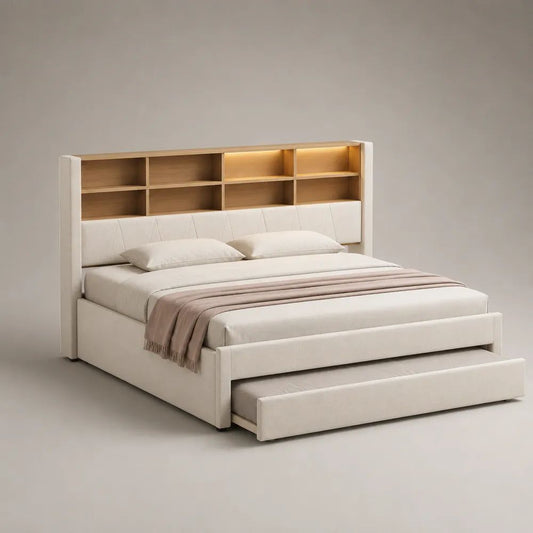 Lit double rembourré 160 x 200 cm avec lit gigogne 90 x 190 cm, tête de lit à 8 niches et éclairage LED, blanc cassé et chêne naturel
